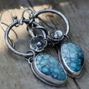 Vintage 925 Silver Plated Turquoise Flower Boho Style Earrings - NEW